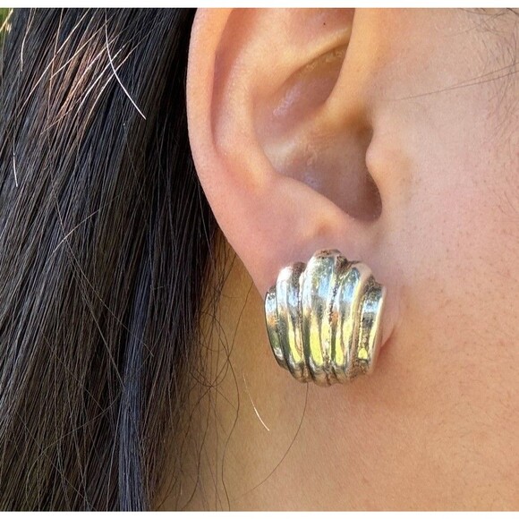 Vintage Mexican Sterling Silver Ribbed Dome Earrings 14K Posts Signed BARRA 8.9g - Picture 1 of 8